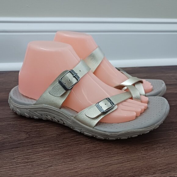 Skechers Women's Sandals 8 Gold Gray Reggae Wishlist Strappy Buckle Toe 40981 - Picture 1 of 7